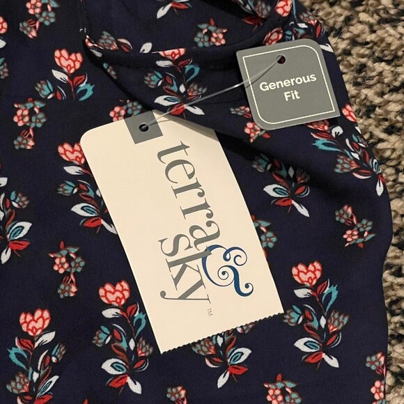 Terra Sky Sleeveless Blouse Navy / Pink Floral‎ Ruffle Neck Size 1X 16W-18W NWT - Picture 5 of 9